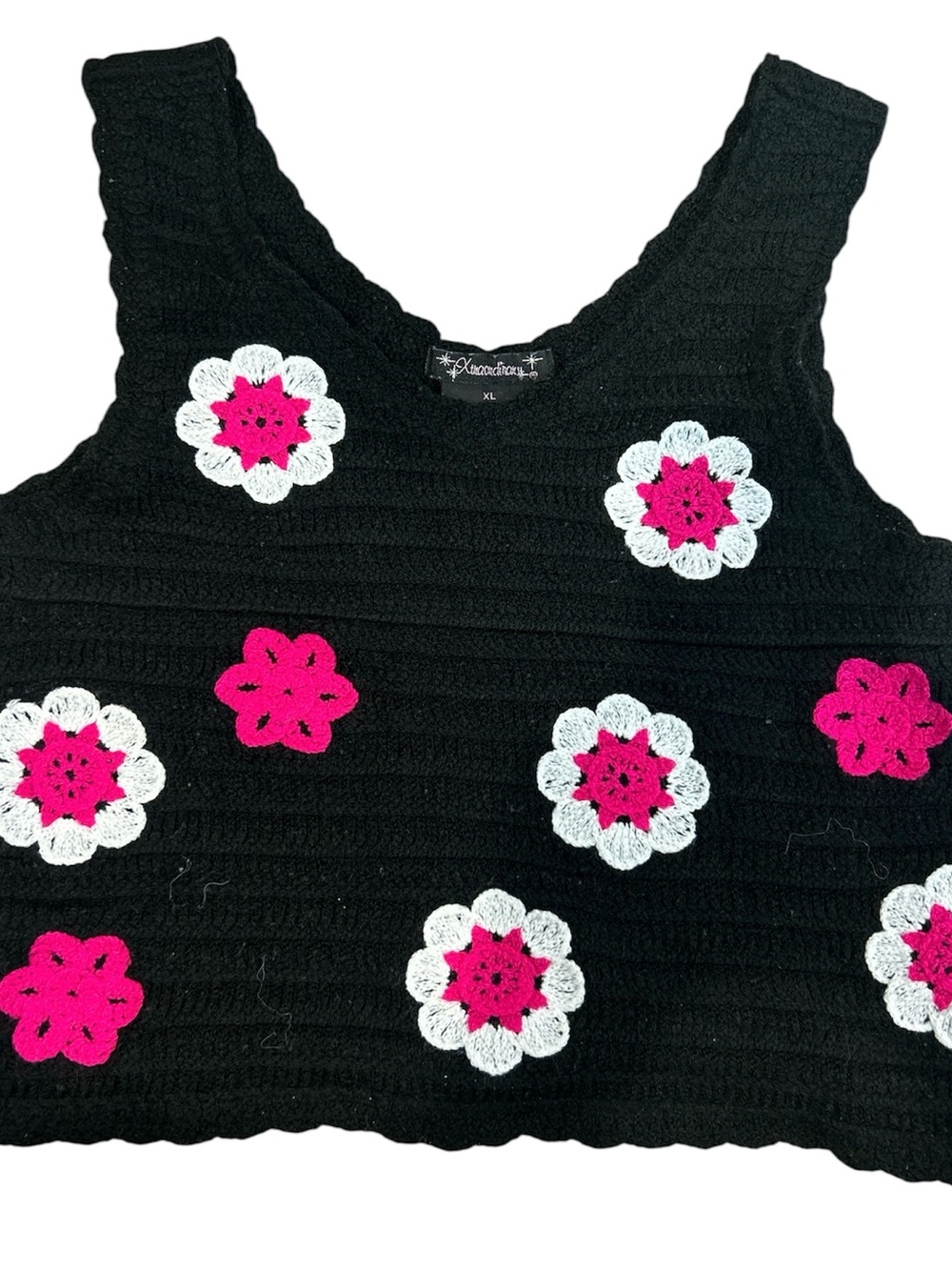 Xtraordinary Girls Crochet Floral Sweater Knit Tank Top Black Pink XL
